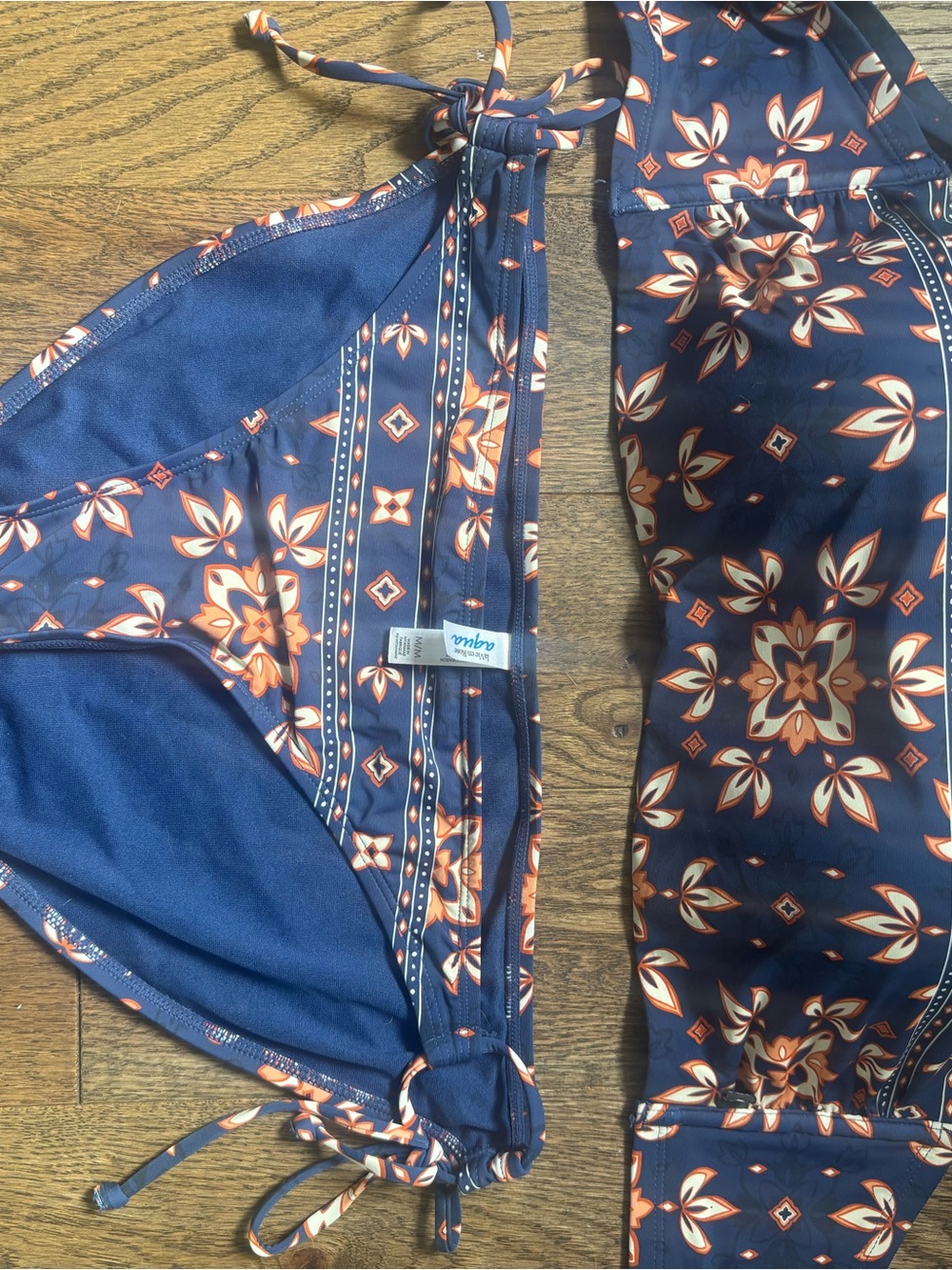 Aqua Navy Blue Floral Print Two-Piece Bikini